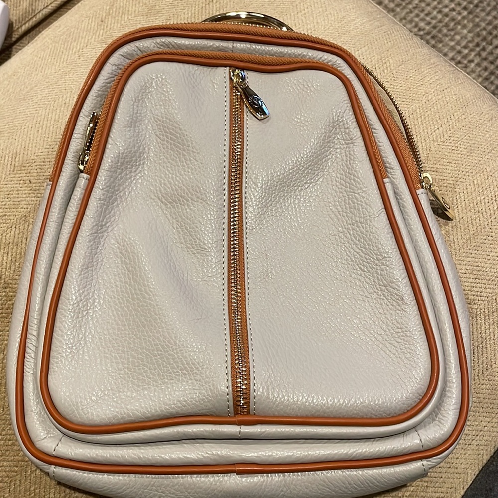 Valentina Genuine Leather Sling Bag/Back Pack tan/taupe/brown with gold details